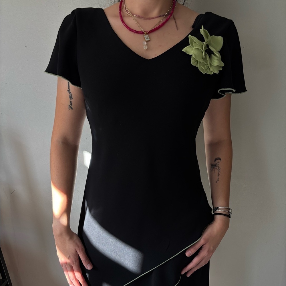 Deadstock Y2K Black Ruffle Formal Asymmetrical Midi Dress Flower Pin - Small Med - Picture 2 of 12